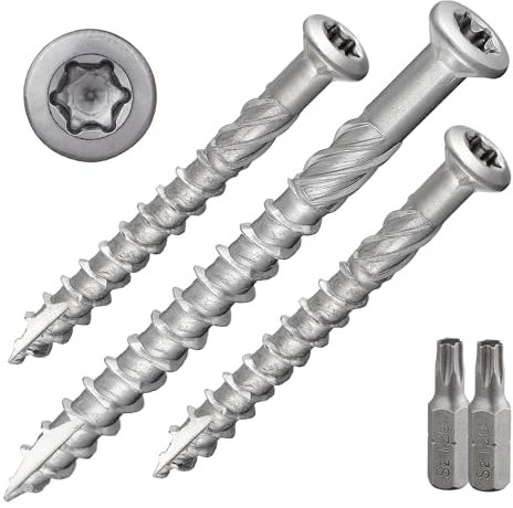 Tornillo de terraza con cabeza avellanada y accionamiento TX, acero inoxidable A2, incluye 1 broca S2, fresa de extremo + punta de corte, reforzado bajo cabeza con nervaduras fresadoras, con