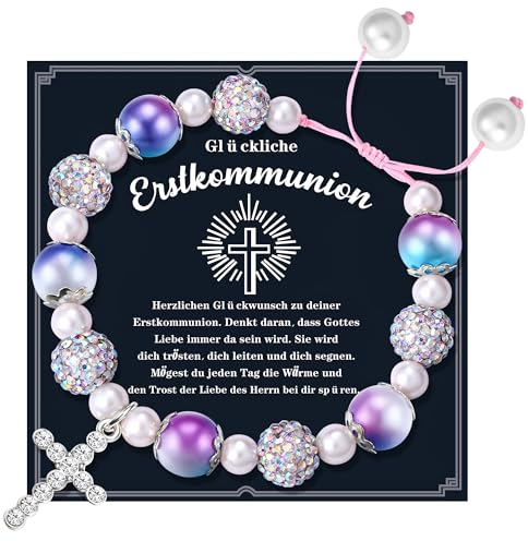 YADOCA First Holy Communion Bracelets for Girls Personalised Cross Bead Bracelets Girls First Communion Gift Christening Gift, Purple