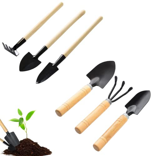 Mini Garden Tools Set, 6 Pieces Miniature Gardening Kit Small Shovel Rake Spade Garden Hand Tools with Durable Wood Handle for Small Flower Garden Plants Care