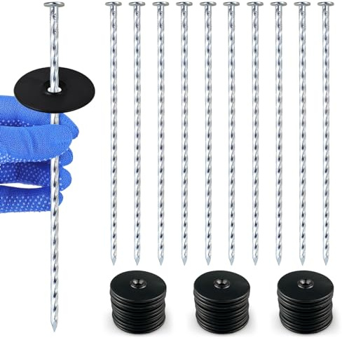 SZENSANG Lot de 50 piquets d'ancrage anti-rouille + 50 disques tampons - Ancrage au sol galvanisé pour charge lourde de 250 mm de long - Pour toile anti-mauvaises herbes, clôture, gazon artificiel,