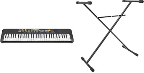 YAMAHA PSR-F52 - Clavier Arrangeur Compact 61 Notes, 144 Sonorités, 158 Styles, Finition Noir, BoomToneDJ KS 1 Stand Clavier, Métal, Noir
