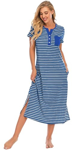 Jlowesun Chemise de Nuit à Rayures pour Femmes Robe de Nuit à Boutons Doux et à Manches Courtes avec Poches