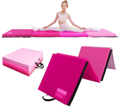 Kangaroo Hoppers Gymnastics Tumbling Mat for Kids, Foldable Tumble Mat for Gymnastics for Home with Velcro, 8 FT x 2 FT x 2, PVC Leather, Gradient Pink