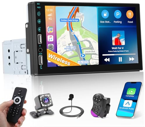 Hikity Trådlös CarPlay & Bluetooth Bilradio med skärm, 1 DIN, Android Auto & FM AUX 2USB, SWC Spegellänk, Bakre kamera