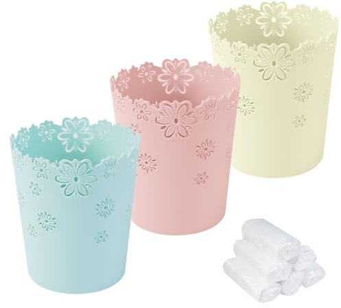 WATUNID Lot de 3 mini poubelles de table avec 180 sacs poubelles, à fleurs creuses, petit panier, en plastique, plan de travail pour chambre à coucher, cuisine, bureau, voiture (rose, bleu, blanc)