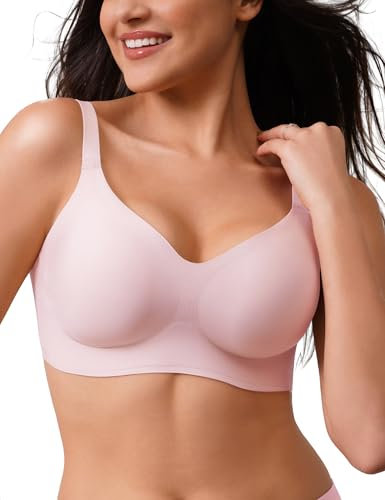 CLOSEMATE Bras for Women V Neck Comfort T-Shirt Bralette for Women Wireless No Underwire with Extra Bra Extender 32 34 36 38 40 42(Pink, Size L)