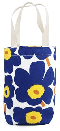 FuninCrea TelaTote Bag Riutilizzabile Borsa Shopper Donna Leggero Piccolo Borsette con Manici Ispessiti e Motivo Floreale per Tazze Thermos, Tazze da Caffè, Scatole per il Pranzo, Blu