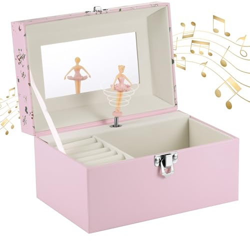 Huiguli Jewellery Box Musical for Girls, Ballerina Jewellery Box Musical with Rotating Ballerina, Gifts for Girls Kids Children Ages 3-10, Music Box Jewel Storage Case, Pink