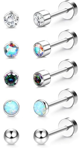 JeweBella 5 Pairs G23 Implant Grade Titanium Earrings Flat Back Studs Set | Hypoallergenic Titanium Stud Earrings for Women Men,Ear Piercing Studs,Tragus Cartilage Earrings Set for Sensitive Ears,20G