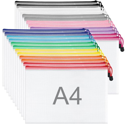 WISYOK A4 Plastic Zip Wallets, 24pcs, 33x23cm, 12 Colours