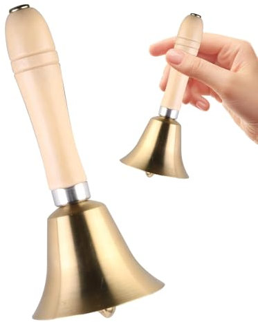 1 Classic Brass Hand Bell with Wooden Handle, Table Bell for School, Reception, Hotel Service, Meditation, Small Bell with Melodic Sound for Decoration and Prayer