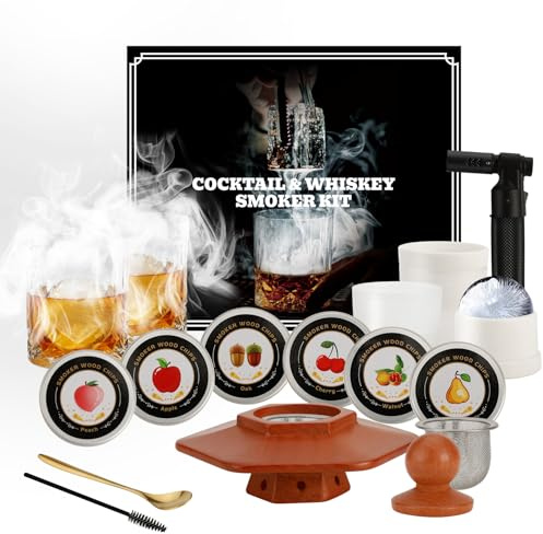 Kit per affumicare cocktail con torcia – 6 sapori di trucioli di legno, 2 bicchieri, 2 stampi per sfere di ghiaccio, kit infusore per whisky, kit per affumicatore di bevande, regalo di compleanno per