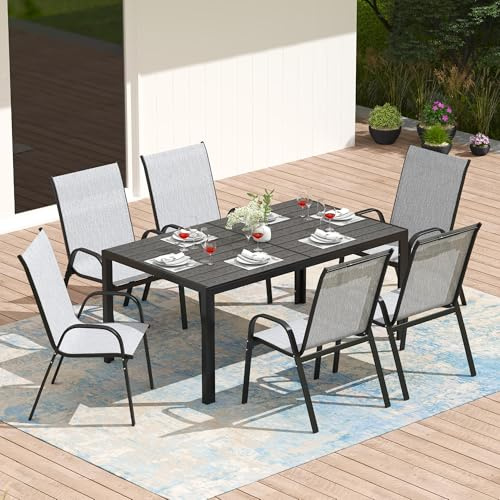 PIZZELLO 7 Pieces Garden Dining Set 6 Seater Garden Furniture Set w/Garden Table and Stackable Chairs All Weather Outdoor Patio Dining Set w/HDPE Wood-Like Tabletop