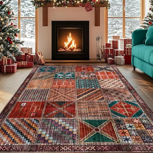 REDTAPISE Tappeto Grande Salotto Vintage Multicolore, 200 x 250 cm, Patchwork Tradizionale Orientale Motivo Geometrico Rosso Verde Decorazioni Camere da Letto, Lavabile