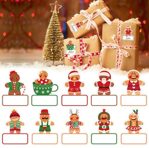 YUVKIN 100 pièces Autocollants Cadeaux Noël Étiquettes Autocollantes Stickers de Noël Inscriptibles Décoration pour Emballages, Calendriers de l'Avent, DIY (Motif Bonhomme en Pain d'Épices Christmas)
