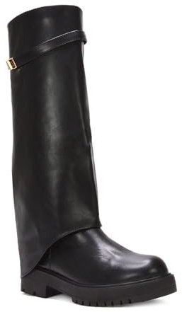 ESSEX GLAM Women's Fold Over Knee High Boots Ladies Synthetic Leather Riding Biker Chunky Sole Size 3-8