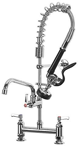 Double Pedestal Pre-Rinse Spray Tap POUGEO Commercial Kitchen Bridge Deck Sink Mixer Faucet Chrome Plated, 26 inch Arm Taps
