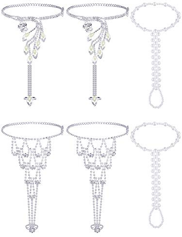 Hicarer 6 Pcs Foot Jewelry Barefoot Sandals for Women Rhinestone Bohemian Foot Ankle Chains for Beach Wedding(Rhinestone Faux Pearl Leaf Style)