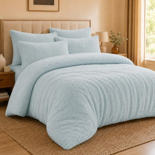 EXQUIZIT HOME® Teddy Fleece Duvet Cover Set – Super Soft Teddy Bear Fleece Bedding Set with Pillowcases – Warm Cosy Winter Fleece Quilt Cover (Duck Egg Double 200cm x 200cm Approximate)