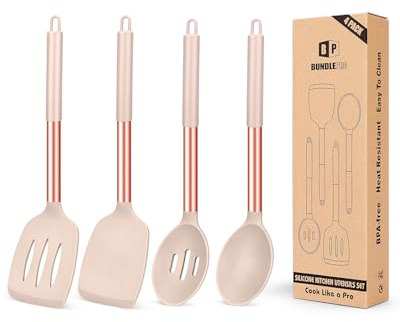 Pack of 4 Silicone Cooking Utensils Set, Non Stick Large Solid Spatulas, Heat Resistant Rose Gold Khaki Slotted Spoons, Ideal BPA Free Kitchen Turners for Frying, Mixing,Serving,Draining,Turning