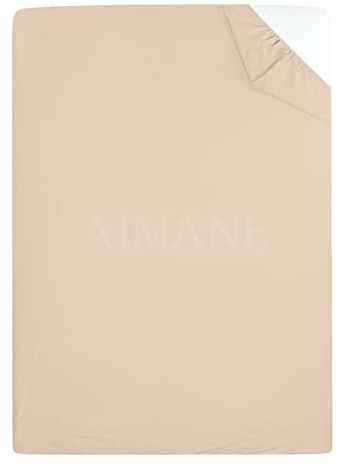 AIMANE® Double Fitted Sheet 137 x 190 CM Non Iron Percale Easy Care Poly Cotton Fitted Bed Sheet Perfect for Double Size Mattress Latte