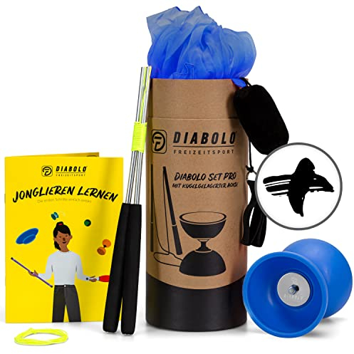 Profi Diabolo-Jonglierset - hochwertiges Diabolo mit Kugellager in blau inkl. Aluminium Sticks, langlebiger Schnur & 2 Leucht Pois in blau - ideal für Anfänger & Profis