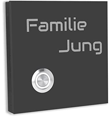 Jung Edelstahl Design Türklingel Lünen - Klingel V2A Edelstahl - incl. Gravur - LED Taster wählbar - Aufputz/Unterputztürklingel (Anthrazit RAL 7016, 10x10 cm)