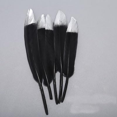 Glitzer-Gold-Silber-Federn, Gänse-Truthahn-Pflaumen, DIY-Hochzeitsschmuck, Zubehör, Federn, DIY-Federn zum Basteln, dekorativ, 9–15 cm, schwarz-silber, 50 Stück