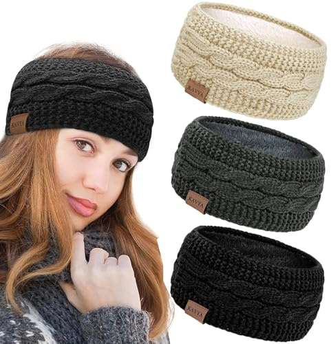 Kavya Winter Headbands for Women's Hair, Knitted Headband Soft Lining Cable Ear Warmers Comfy Ear Muffs Crochet Ladies Head Band Ski Walks Gifts for Women Girl