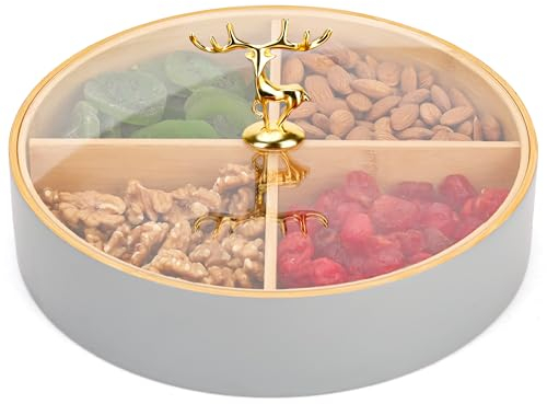 BELLE VOUS Round Serving Tray with Lid & 4 Compartments - 25cm/9.8 Inches - Bamboo Nuts Platter Tray - Multipurpose Storage Container for Nuts, Dry Fruits, Candy, Tea Bags, Keepsake Items & Jewellery