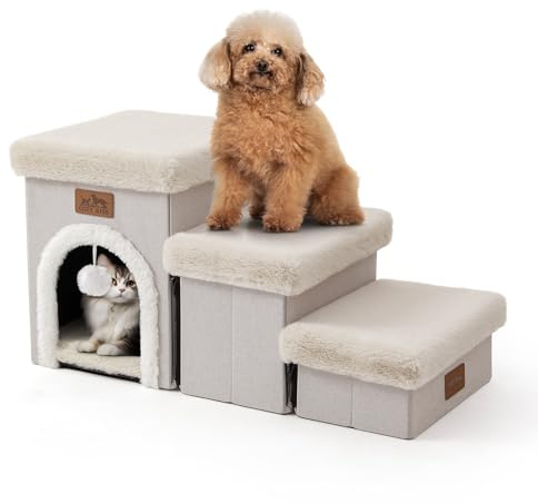 COZY KISS Escalera para Perros Pequeños con Almacenaje y Condominio, Escaleras Plegable para Mascotas para Cama, Sofá y Silla, Rampa para Gatos, Durable, hasta 80kg, 33x69x36cm, 3 Peldaños, Beige