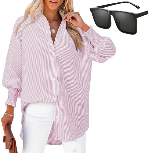 Nbzsmlkn Striped Ladies Shirt with Elastic Sleeves,Women's Striped Button Down Shirts,Oversized Blouses Boyfriends Loose Fashion Smocked Cuffed Shirts with Pocket (Pink,M)
