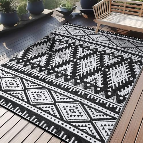 Homaxy Waterproof Outdoor Rug, 180x270cm, Black & White | Anti-slip Reversible UV Resistant Garden Rugs, Easy Cleaning Carpet Patio Area Rugs for Camping, Beach, Picnic, Backyard