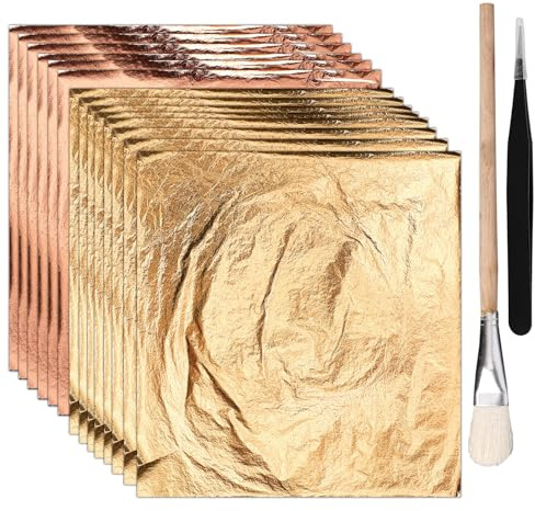 Gosknor 100pz Fogli di Foglia d'oro per Lavori Artistici e di Doratura, 14x14cm Fogli di Lamina d'oro Imitazione con Pinzette e Pennello per Pittura Unghie Mobili Cornici Decorazioni (Oro e Oro Rosa)