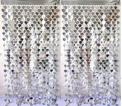 CYBERNOVA 2 Pack Tenda a frange sfondo, 1mx2m a forma di cuore metallico Tinsel Foil Fringe Streamers Tende sfondo per matrimonio compleanno anniversario laurea decorazione partito (argento)