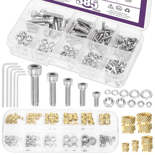 Swpeet 385 pezzi, 5 misure, M2, M2,5, M3, M4, M5, attacco esagonale e inserti filettati in ottone con dadi, rondelle esagonali, viti assortite, kit 304 in acciaio inox esagonale