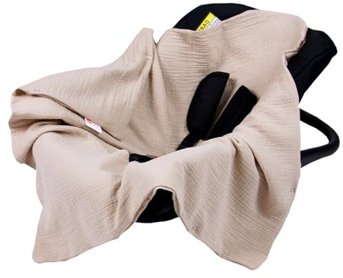 Babylux Einschlagdecke für Babyschale Autositz 80x80 cm – Sommer Babydecke aus Musselin Baumwolle – Atmungsaktiv, mit Gurtschlitzen (Beige)