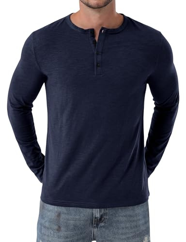 PARKLEES T-shirt Henley pour homme, décontracté, coupe ajustée, manches longues pour le fitness et l'entraînement athlétique, bleu marine, L