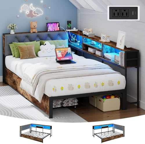 Doltoro Twin Corner Bed Frame with Storage Bookcase and LED Lights, Twin Size Daybed with 2 Storage Drawers, Upholstered Platform Bed with Headboard and Charging Station, Rustic Brown & Gray