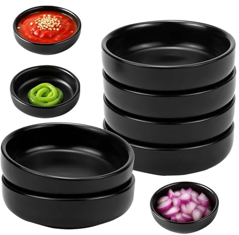 Huamirra Platos de Cerámica para Salsa de Soja, 6 Piezas Redonda Plato de Vinagre, 9 x 9 x 2,4 cm Plato de Inmersión de Soja, Cuencos Pequeños de Cerámica, para Sushi, Mermelada(Negro)