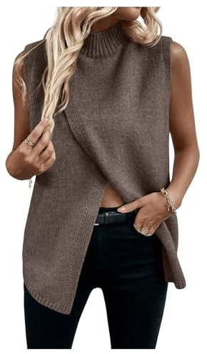 Verdusa Women's Sleeveless Sweater Vest Spring Business Casual Outfits Mock Neck Knit Pullover Sweaters Going Out Tops Coffee Brown X-Small