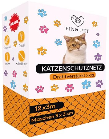 FinoPet Katnät för balkong, trådförstärkt 12 x 3 meter, inklusive fästmaterial, kattskyddsnät, kattgaller, skyddsnät, balkongnät för katter, kattnät utan borrning