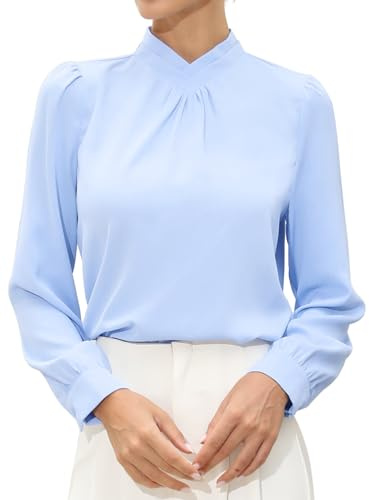 Allegra K Mujer Blusa de Trabajo Cuello Alto Fruncido Manga Larga | Camisa Casual Elegante Cuello Alto Mangas Globos Liso Atuendo Profesional para Entrevistas