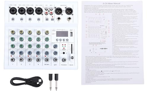 Sorandy Ljudmixer, Bluetooth 6-kanals Mini DJ-mixerkonsol, Kompakt Bärbart Ljudgränssnitt med Efterklangseffekt och MP3-stöd, Perfekt för Studio, Inspelning och Karaoke (Vit)
