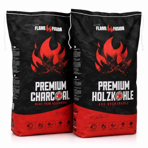 FlameFusion carbone di legna premium 20 kg di faggio qualità ristorante - 2 sacchi (2x 10 kg) carbonella faggio pezzi grandi lunga combustione alta temperatura per barbecue e grill