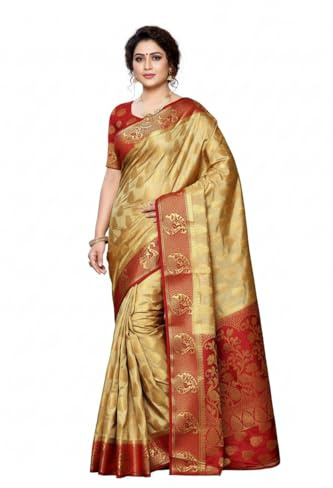 MIMOSA Women's Traditional Artificial Silk Saree Kanjivaram Style with Blouse Color:Chiku(3299-224-CKU-MRN)