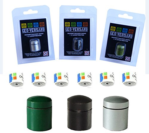 Silber - GRÜN - SCHWARZ magnetischer Nano mit 3 Logstreifen Geocaching Versteck, Behälter, Dose, Versteck, wasserdicht Micro