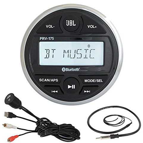 JBL PRV-175 Marine Gauge Hole Mount USB Bluetooth AM/FM Digital Stereo Receiver, USB 3.5MM AUX to RCA Interface Mount Cable + 22 Wired Radio Antenna