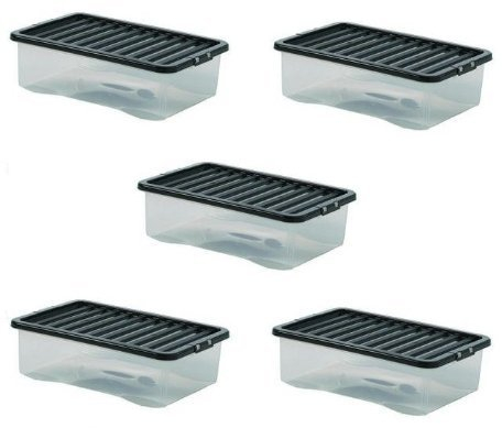CrazyGadget 5 x 32L 32 Litre Large Underbed Plastic Storage Clear Box Strong Stackable Container - Made In U.K. (Clear)