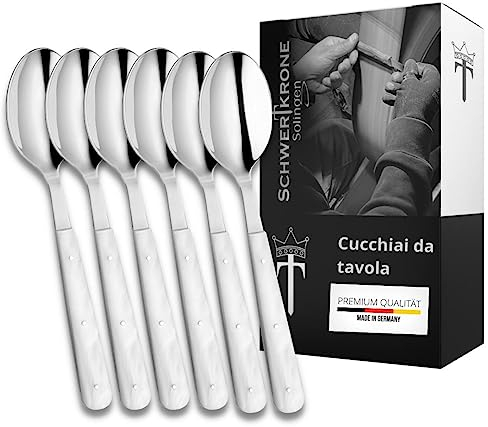 SCHWERTKRONE® Menü Löffel Set [6 STÜCK] - Hochwertige Esslöfel mit Perlmuttoptik aus Chromstahl - Suppenlöffel Rostfrei - Dreifach Genietete Griffe mit Perlmuttimitat - Menülöffel - Spoon